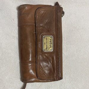 Fossil Tan Leather Clutch “Long LiveVintage 1954”